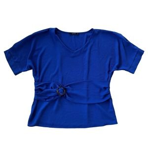 Aconiya Womens Top XL Blue Short Sleeve Round Neck Self Belt Textured Fitted